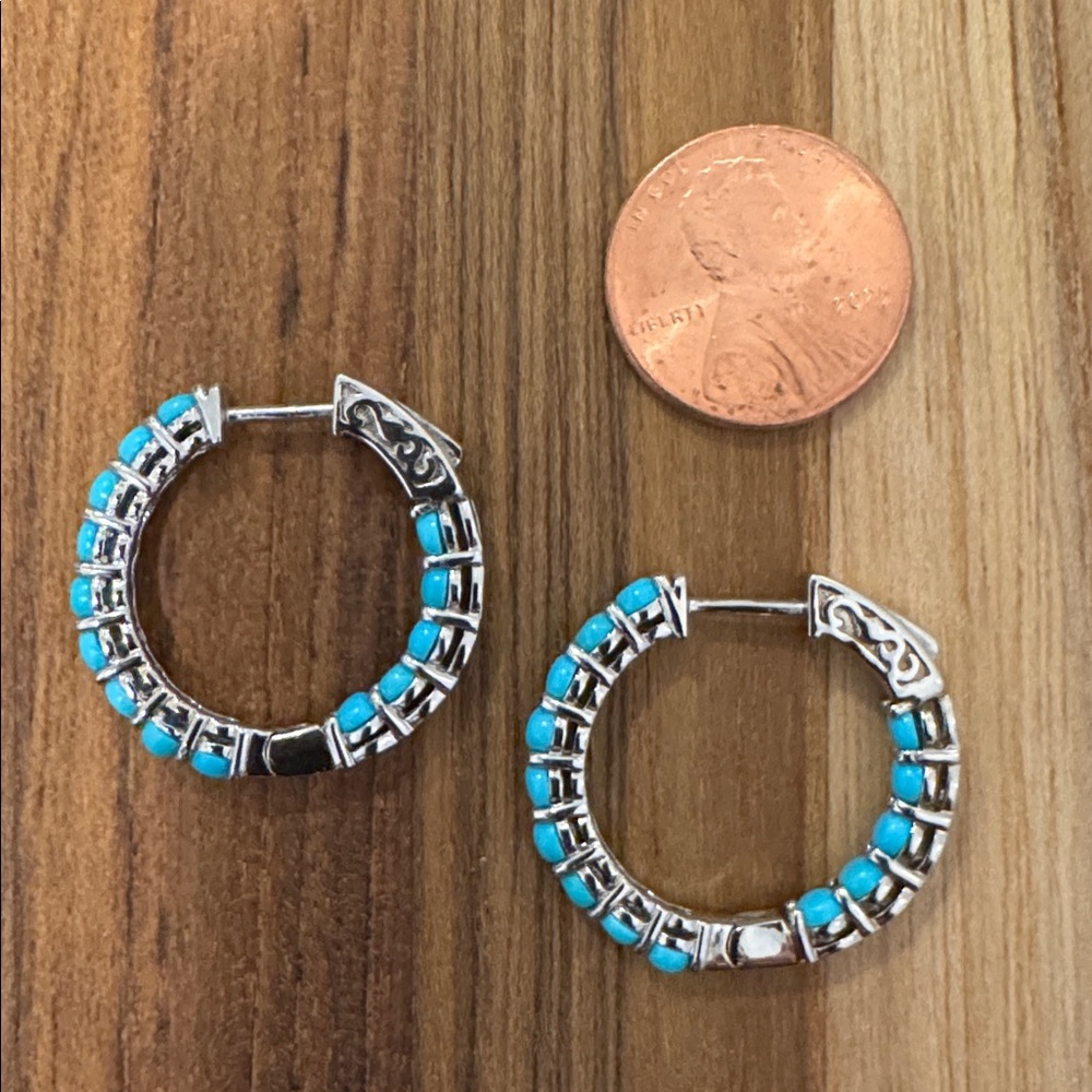 Blue Turquoise and 925 stamped Silver Hoop Earrings - Picture 5 of 6